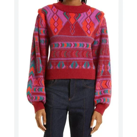 Farm Rio Crewneck Balloon Sleeve Sweater in Red Size L - Picture 1 of 4